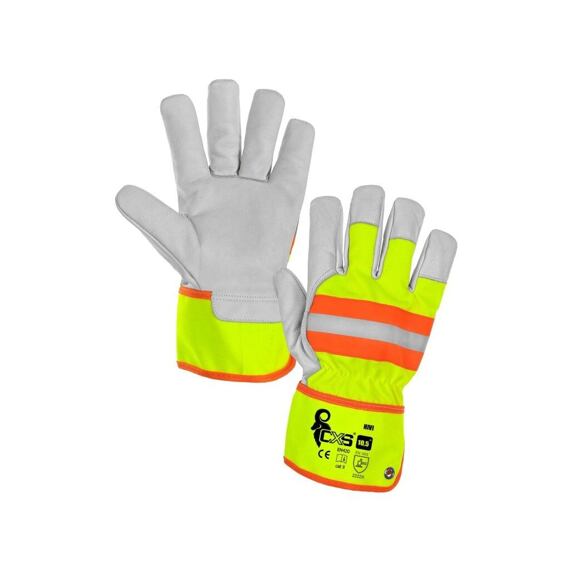 CXS rukavice pracovné HIVI, kombinované, kozinková lícovka, reflexné, kovové očko, veľ. 10,5
