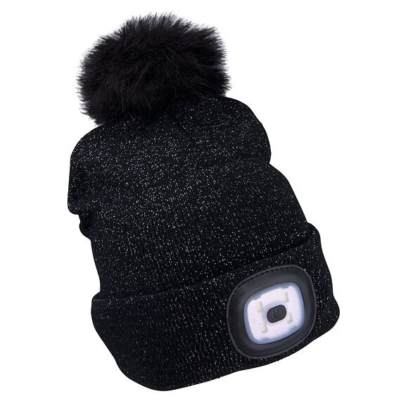 EXTOL Light čiapka s čelovkou 4*45lm, nabíjacia, USB, čierna s trblietkami a brmbolcom, uni veľkosť 