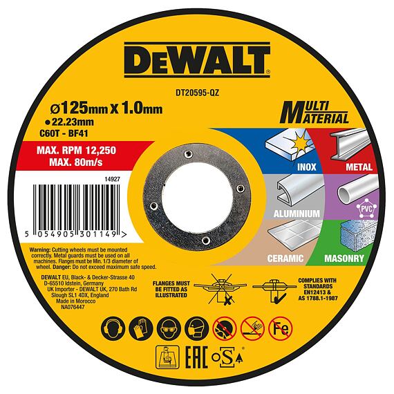 DeWalt DT20595 rezný kotúč 125*1*22,2mm MULTIMATERIAL (oceľ, Al, PVC, keramika, murivo)
